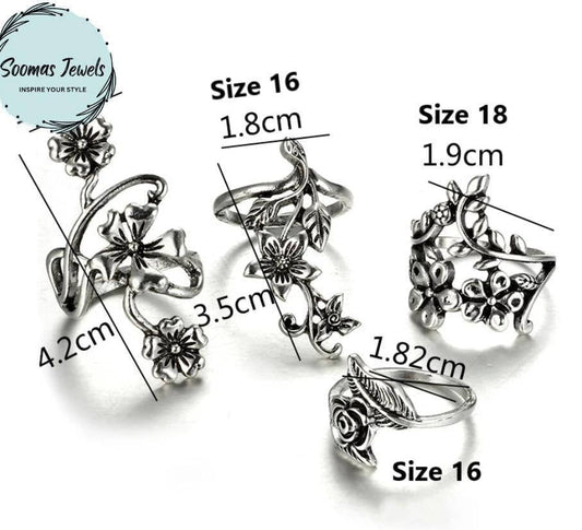 4 Pcs Trendy Antique Flower Ring Set