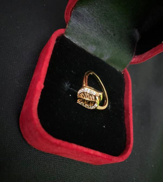 Leaf Design Gold Plated Crystal Charm Ring