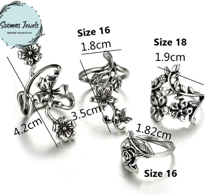 4 Pcs Trendy Antique Flower Ring Set