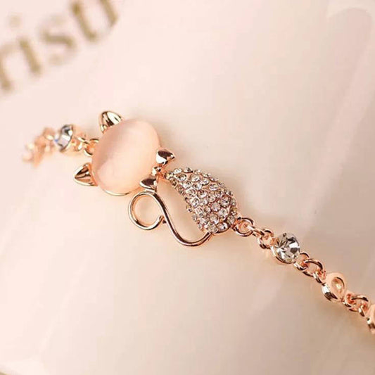 1 Pc Alloy Rose Gold Plated Opal Cat Bracelet