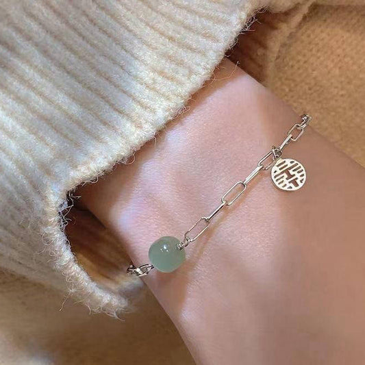 1 Pc Alloy Silver Plated Lucky Jade Charm Chain Bracelet