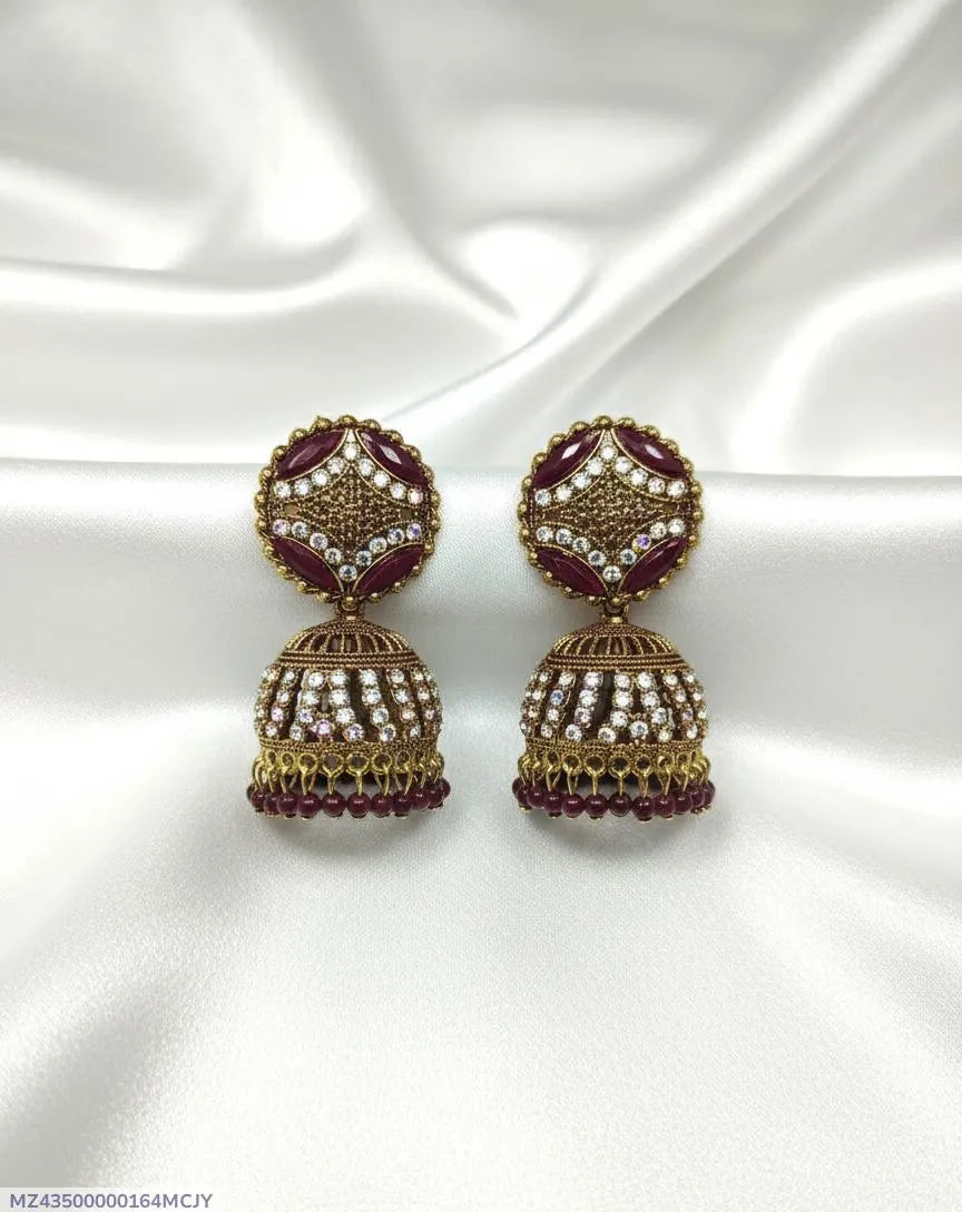 Stunning 2 Pcs Green & Maroon Alloy Jhumka Earrings