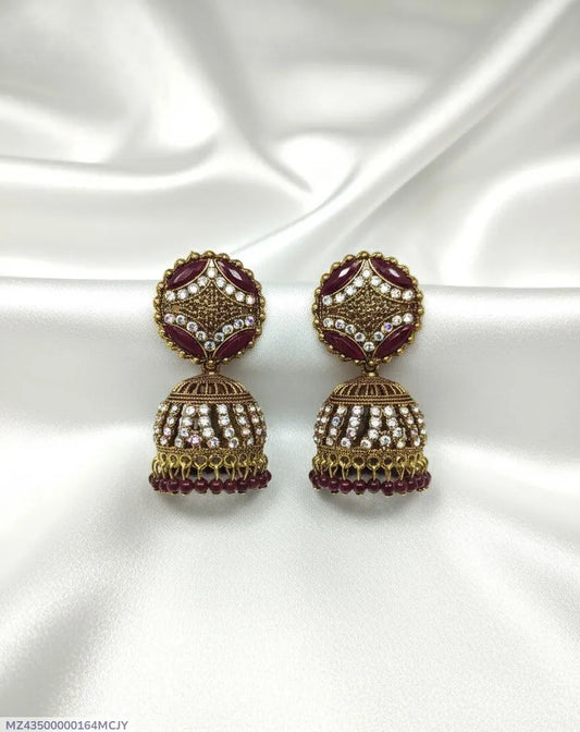 Stunning 2 Pcs Green & Maroon Alloy Jhumka Earrings