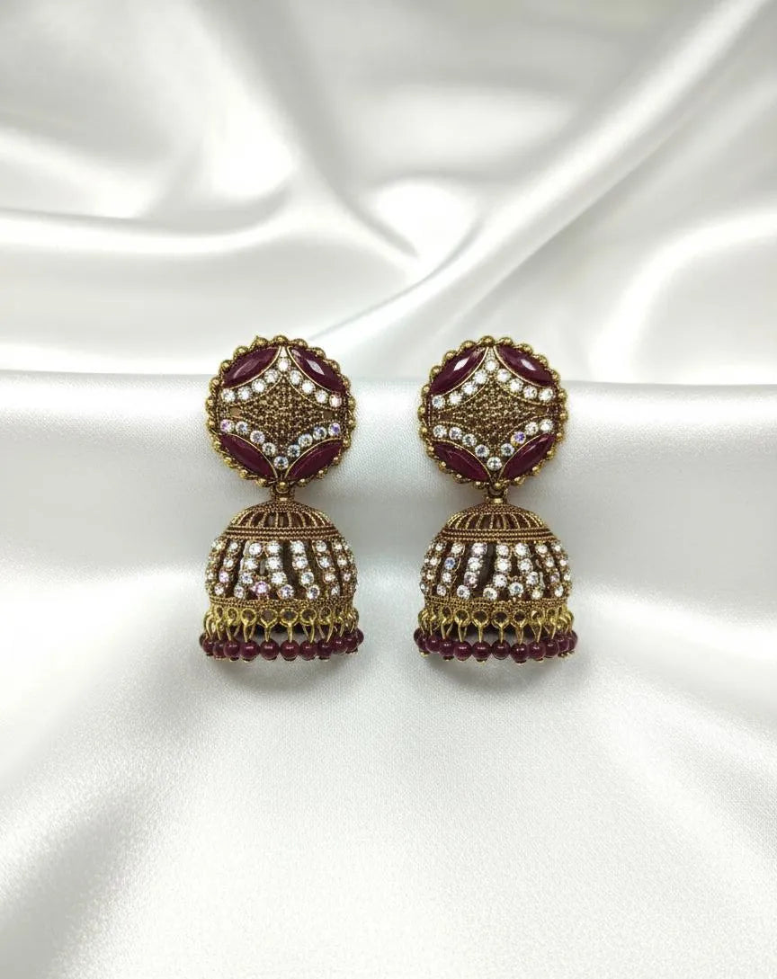 Stunning 2 Pcs Green & Maroon Alloy Jhumka Earrings