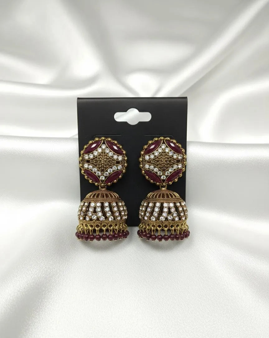 Stunning 2 Pcs Green & Maroon Alloy Jhumka Earrings