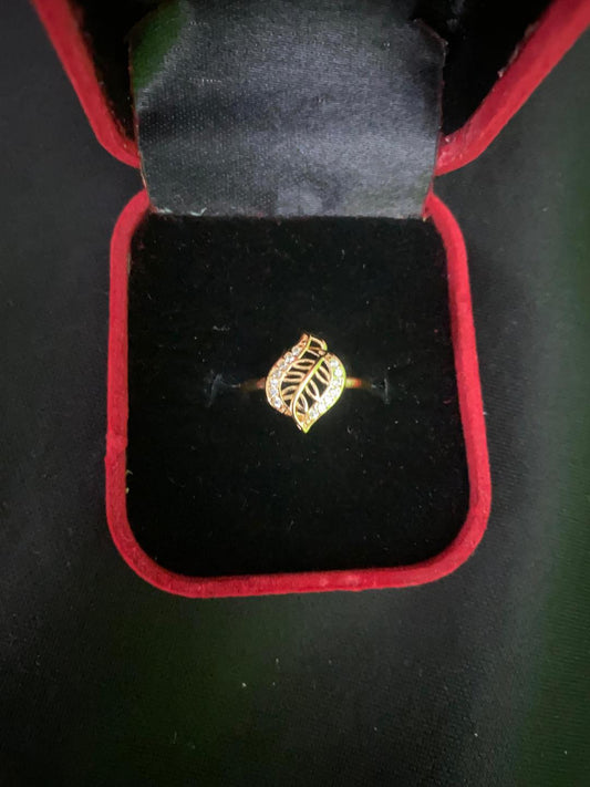 Leaf Design Gold Plated Crystal Charm Ring